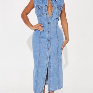 Fashion Nova Light Wash Denim Midi Dress